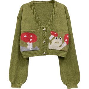 Girl's Polyester Mushroom Cardigan Frog Sweater V Neck Button Lantern Sleeve